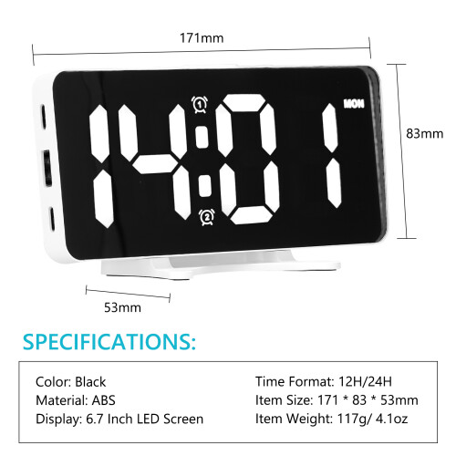 6.7" Mirror LED Alarm Clock, 12/24H, Adjustable Brightness, USB Output, White 1