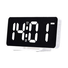 6.7" Mirror LED Alarm Clock, 12/24H, Adjustable Brightness, USB Output, White