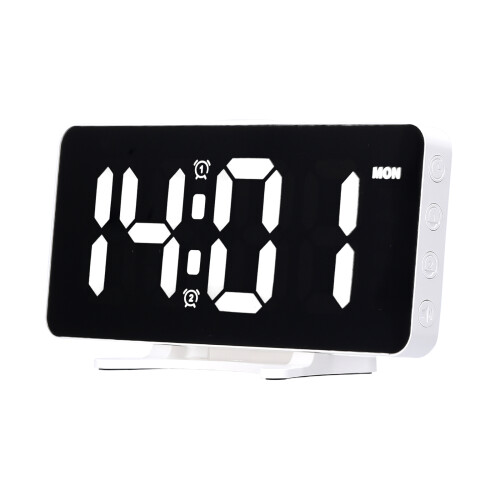6.7" Mirror LED Alarm Clock, 12/24H, Adjustable Brightness, USB Output, White