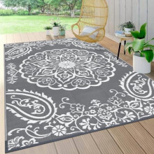 Waterdicht buitenkleed 5x8 – Omkeerbare mat van plastic stro voor terras, veranda, balkon, achtertuin en picknick – Boho grijs