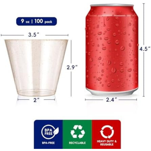 Συσκευασία 100 χρυσών πλαστικών ποτηριών 9oz, πλαστικά ποτήρια μιας χρήσης με χρυσή 2