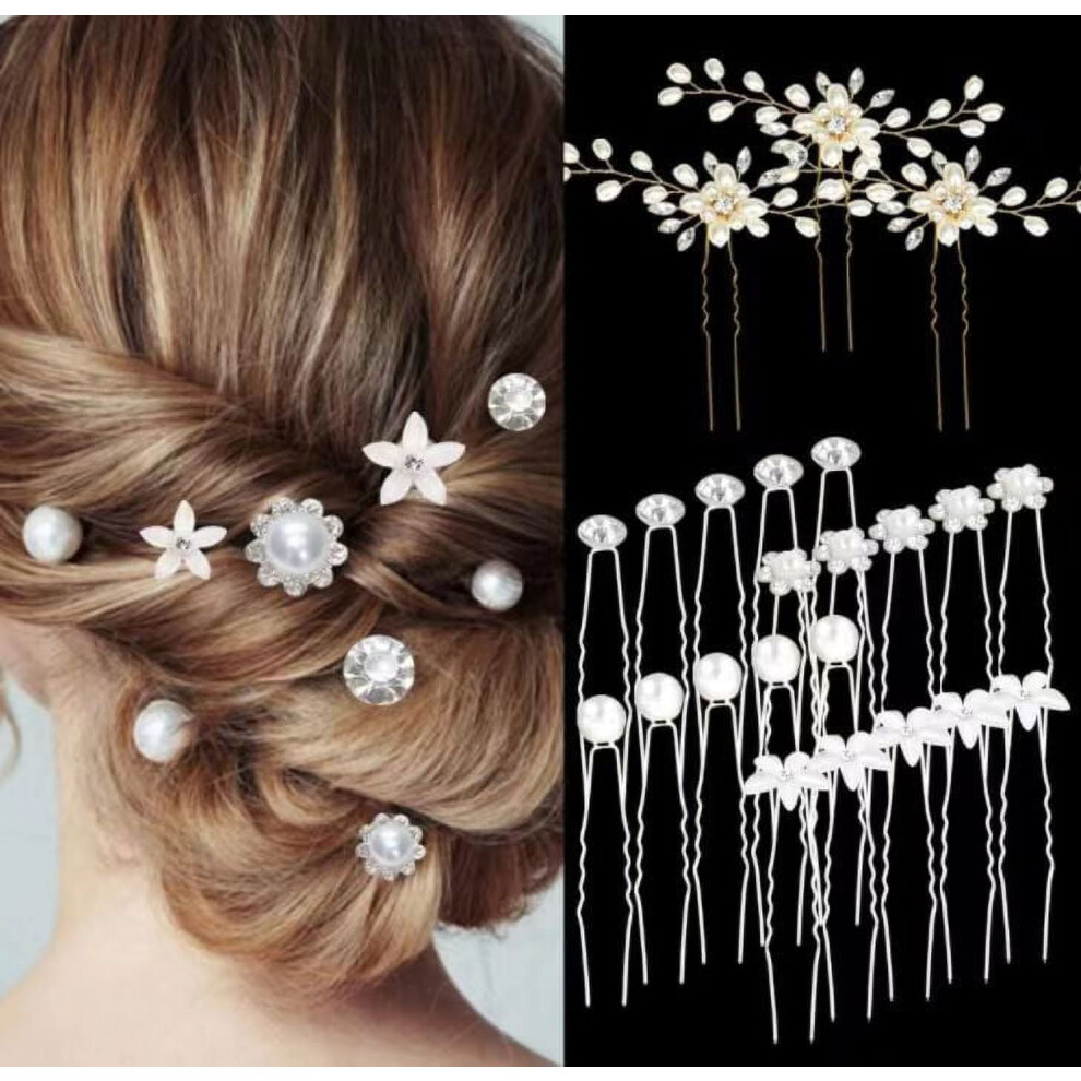 Pearl Rhinestone U-Shaped Hair Pins for Brides & Bridesmaids â Silver Metal Crystal Bobby Pins, Compatible with Thick/Long Hair