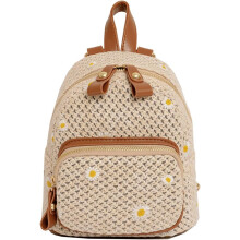Sac à dos bohème tendance en paille tressée et crochetée, fait main, pour les vacances des femmes (kaki)