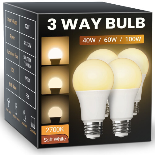 3-Way LED Bulbs 40/60/100W Equivalent 2700K A19 E26 4 Pack