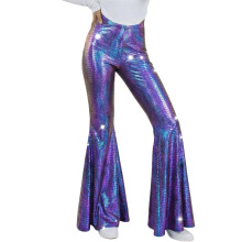 Damesbroek met hoge taille en uitlopende pijpen, met glitterpailletten, wijde pijpen