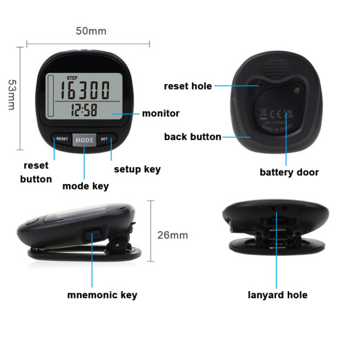 Compact LCD Step Counter, Black, 99999 Counts, 53x50x26mm 2