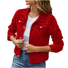 Chaqueta vaquera para mujer, manga larga, solapa clásica, lavado claro, color liso, ligera, con botones, prenda exterior clásica, roja.