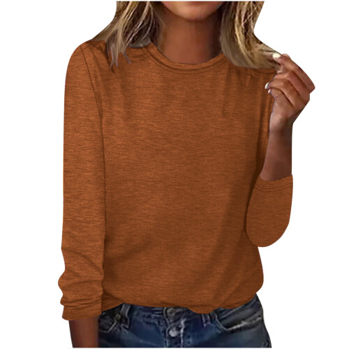 Polyester-Langarmhemden für Damen, Rundhalsausschnitt, einfarbig, elegant und lässig
