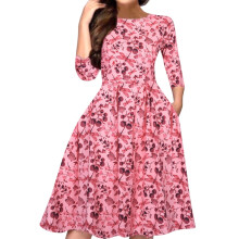 Elegant A-linjeformad Vintage Tryck Festklänning Rosa S