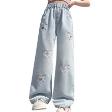 Ediodpoh Girls Fashion Cute Personality Pants Elastic Waist Wide Leg Jeans Casual Demin Pants with Pockets Girls Trousers Blue 6-7 Years