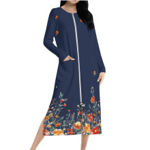 Damen-Pyjamakleid 2025 mit Blumenmuster, Taschen, Reißverschluss vorne, Raglanärmeln, doppelseitigem Fleece-Nachthemd (S-2XL)
