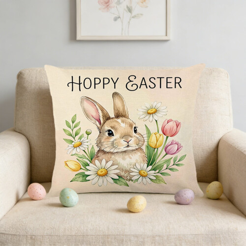 Housse de coussin de Pâques motif lapin et œuf 45 x 45 cm