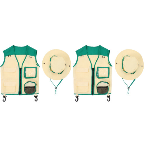 2Sets Kid Explorer Vest Hat Green Polyester Outdoor Breathable Hat 1