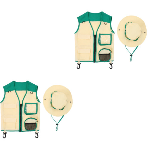 2Sets Kid Explorer Vest Hat Green Polyester Outdoor Breathable Hat 2