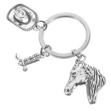 Chaveiro feminino em liga de zinco com desenho de cowgirl, chapéu, bota e cavalo (1 peça)
