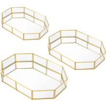 Gullfarget servantbrett, 3 stk. speilparfymebrett til kommode, geometrisk åttekantet design med glass- og metallramme, baderoms- og