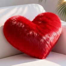 Red Heart Pillow – Faux Fox Fur Heart Decorative Throw Pillow for Bed, Chair, Sofa – Soft Fluffy Plush Cushion for Living Room Home Decor