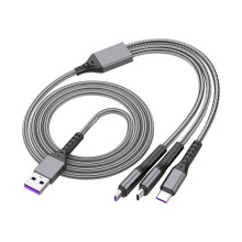 Multiladekabel3-i-1-ladekabelUSB-kabel nylonflettet hurtiglader for IP/Type-C/Micro-USB-egnet (grå)