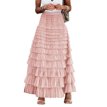 Saia longa feminina de tule, modelo evasê com babados e camadas, cintura alta, estilo fada, maxi saia tutu.