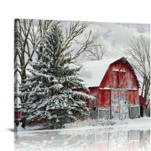 Tableau sur toile 51 x 41 cm – Paysage enneigé, grange rouge rustique, affiche de Noël, compatible avec une décoration de style ferme