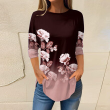 Camisetas rojas de talla grande para mujer, con estampado floral y mangas 3/4, de poliéster – Compatibles con tallas estadounidenses.