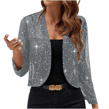Bolero de lentejuelas para mujer, cárdigan ligero y elegante de malla, chaqueta tipo blazer con brillo para fiestas nocturnas, 2025, gris, L
