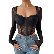 Vintage Corset Top with Sleeves, Lace Trim & Boning, Mesh Flower Print, Retro Waist Cincher – Black
