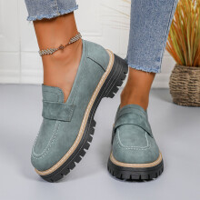 Women's Frosted Round-Toe Loafers Green Thick Sole Mid-Heel