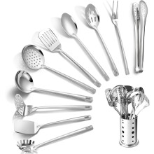 Set di 11 utensili da cucina in acciaio inox con supporto: spatole, schiacciapatate, spatola, cucchiai, pinze. Compatibile con tutti i piani cottura.