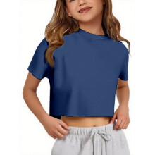 Girls Shirts Solid Color Short Sleeve Round Neck Tshirt Girl Comfort Outdoor Wear Tee,Navy,9-10 Years