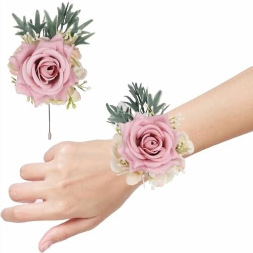 Set composto da corsage e boutonnière con rose rosa in seta, 2 pezzi