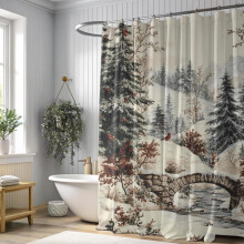 Kerstdouchegordijn 60x72 inch – Berglandschap, groenblijvende bomen en kardinaal, toile de Jouy-stijl, feestelijke badkamerdecoratie