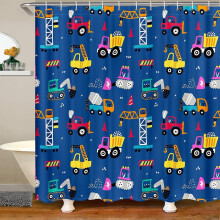 Rideau de bain enfant motif chantier 183 x 213 cm, excavatrice/camion, imperméable, compatible avec les barres de douche standard