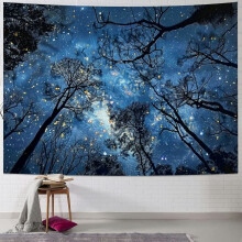 Forest Starry Night Tapestry – Galaxy Blue Sky, Milky Way & Trees Wall Hanging for Bedroom, Living Room, Dorm Decor (Compatible with Wall Hooks)