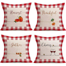 Lot de 4 housses de coussin à carreaux Buffalo blancs et rouges, 45 x 45 cm, coton-lin, motif citrouille/érable/gland d'automne — Idéal pour