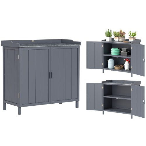 Outsunny Outsunny Garden Storage Cabinet Potting Bench Table with Galvanized Top, Grey 1