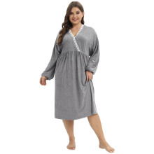 Women's Oversized Nursing Nightgown, Long Sleeve V-Neck Breastfeeding Sleepshirt, Soft Pleated Lounge Dress, XL–4XL, compatible with breastfeeding