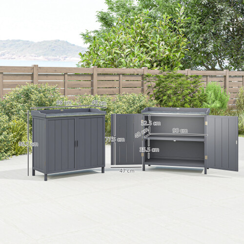 Outsunny Outsunny Garden Storage Cabinet Potting Bench Table with Galvanized Top, Grey 2