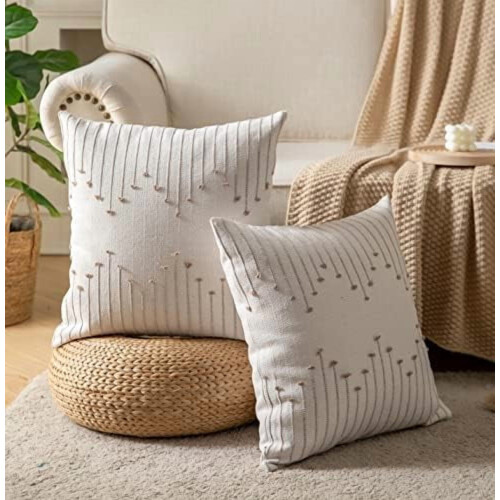 Μαξιλαροθήκες Boho 18x18, Σετ 2 τεμαχίων, Μπεζ & Ταμπά Γραμμή, Ουδέτερη Διακόσμηση για 1