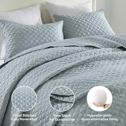 King Size Blue Chambray Quilt Set 3 pcs 2