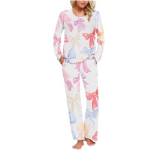 Damespyjama met kerstsneeuwvlokkenprint, 2-delige set. Comfortabele, zachte, elastische polyester-spandexmix met zakje, top met lange mouwen en