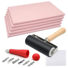 5 Pack 4x6 Pale Rubber Stamp Carving Blocks Linoleum Block with Linoleum Cutter and Rubber Brayer Roller