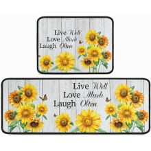 Sunflower Theme Kitchen Rug Set 2pcs, Absorbent Washable Runner Mats for Sink, Laundry, Bathroom – 17"x47" + 17"x23", Off White