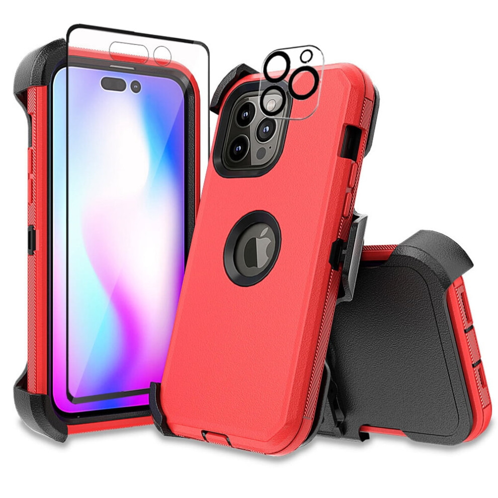 Xhy Iphone 14 Pro Max Case W/ Belt Clip, Screen & Lens Protector, Military-Grade Shockproof Armor, Detachable Â + Red/Black 9104899394149