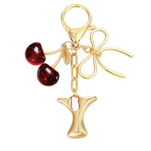 Breloc cu inițială cu fundă și pandantiv de cireșe, pandantive de geantă placate cu aur cu litere personalizate pentru femei, accesorii