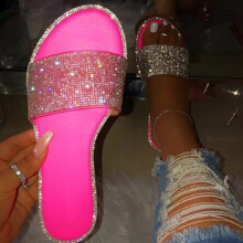 Pantofole da donna con strass, ciabatte piatte a punta aperta, scarpe comode, sandali casual comodi da spiaggia, infradito da donna rosa acceso39