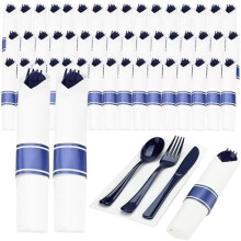 50-teiliges Set dunkelblaues, vorgerolltes Plastikbesteck + Servietten (50 Gabeln/Messer/Löffel) – Ideal für Partys, Hochzeiten und Weihnachten
