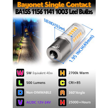 JINYUN-BA15S LED-Lampe (5W, 500LM, 12–24V, 2700K Warmweiß), Bajonett-Einzelkontakt, kompatibel mit 1156/1141/1003/S8/SC, für Wohnmobile, Boote,