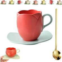 Κεραμική κούπα καφέ Taza En Forma de Tulipan με πιατάκι, ανθεκτικό στη θερμότητα φλιτζάνι