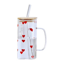 Copos quadrados de vidro de 400ml com tampas e canudos, copos transparentes resistentes ao calor para chá com leite, suco e café – utensílios